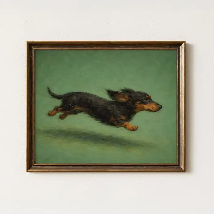 Tableau sur toile style classique 'Dachshund en pleine sautée' - Chien dynamique noir et brun - Impr