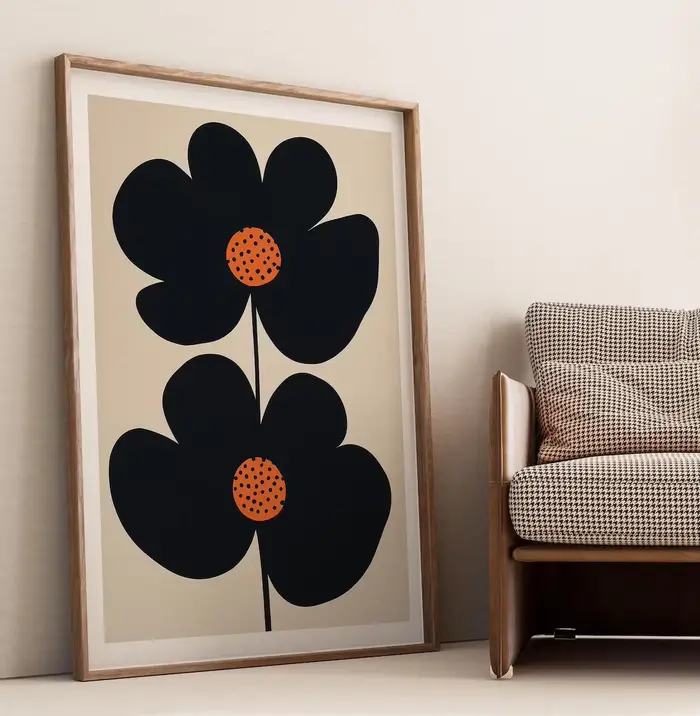 "Imprimé d'art floral minimaliste moderne du milieu du siècle : design double fleur noir audacieux avec des centres de