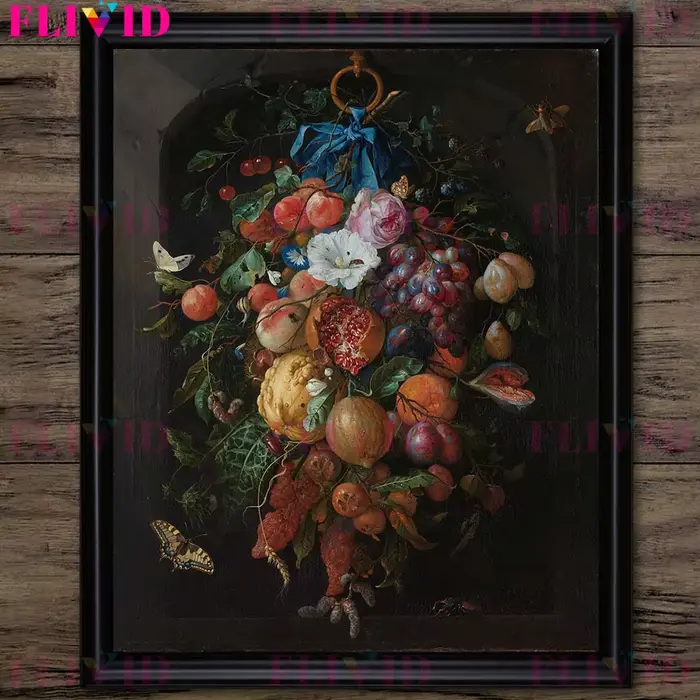 Affiche d'art de bouquet de fruits et de panier de fleurs d'époque victorienne