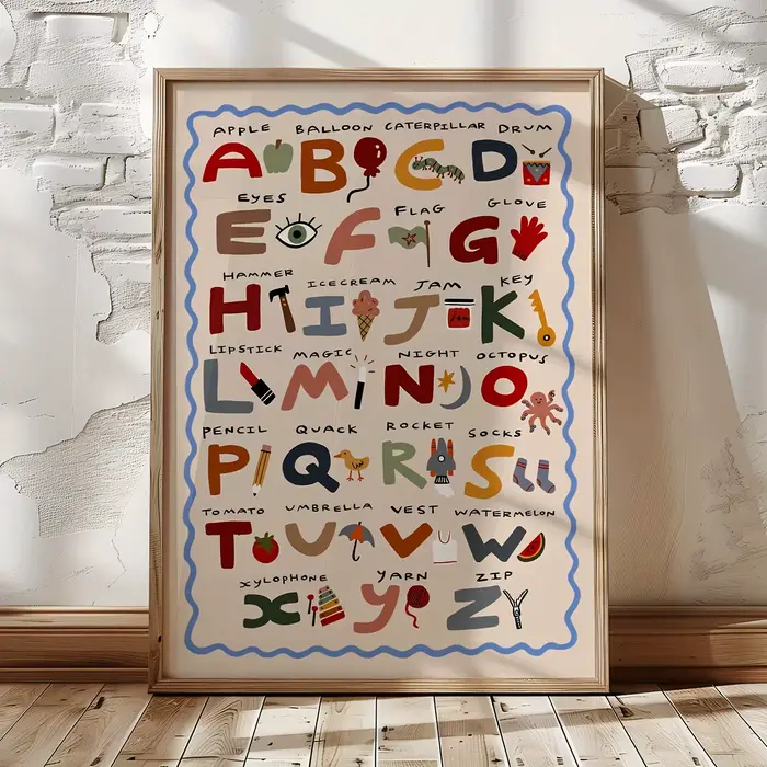 Affiche imprimée sur toile de l'alphabet de dessin animé, impression d'art moderne, éducation, salon