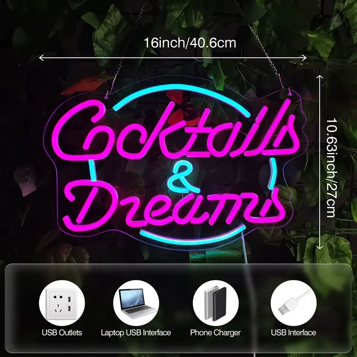 Enseigne néon « Cocktails & Rêves » pour chambre