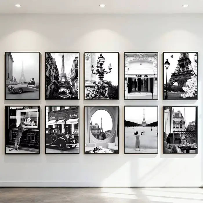 Affiche d'art de style anime, noir et blanc, à la mode, sur l'architecture rétro de Paris, la tour Eiffel, décoration de maison, décoration de chambre parfaite