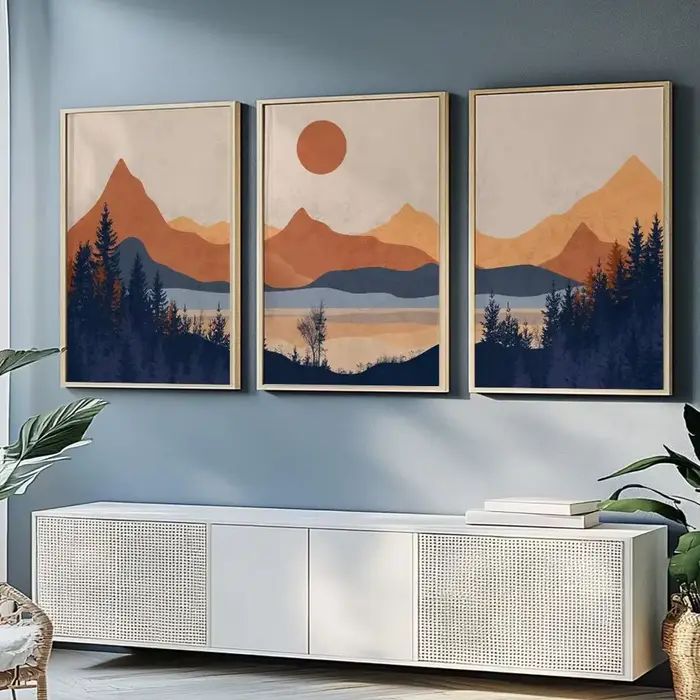 Lot de 3 affiches murales abstraites minimalistes bleues en terre cuite
