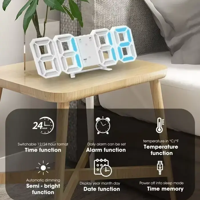 "Montre murale numérique 3D LED moderne – Décoration d'intérieur multifonctionnelle élégante avec alimentation USB