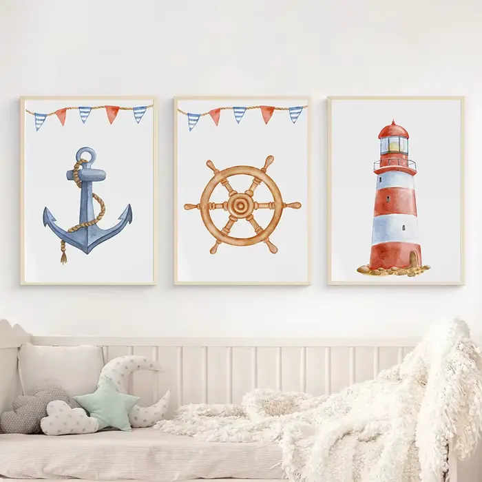 Aquarelle pépinière océan nautique bateau ancre phare affiche imprime