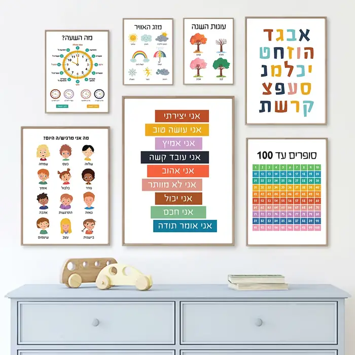 Lettres de l'alphabet hébraïques, chiffres juifs, heure du jour, art mural, peinture sur toile, affiches et College nordiques, décoration de chambre d'enfant