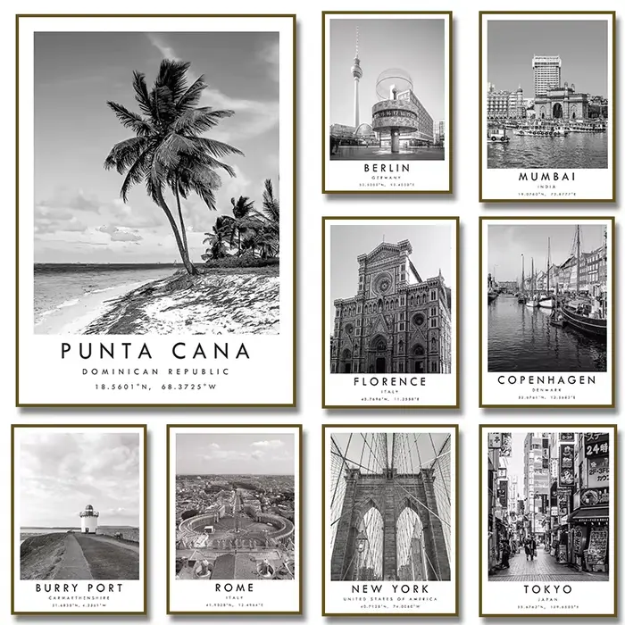 Villes célèbres Rome Punta Cana Florence Berlin NewYork affiche noir et blanc voyage mur Art toile peinture impressions décor à la maison