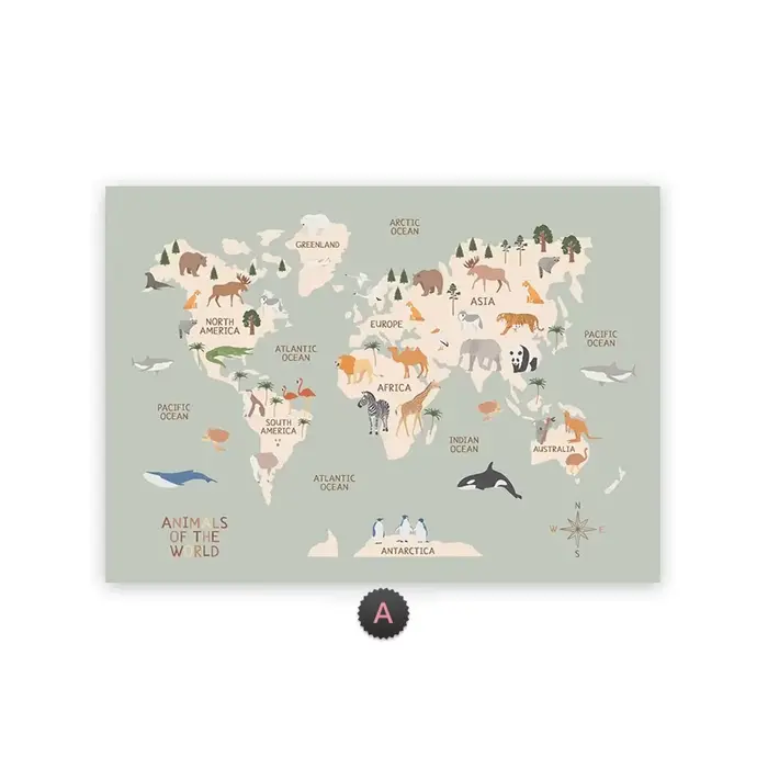Toile de peinture de carte du monde, thème Animal Pastel, Art mural éducatif, affiches et imprimés n