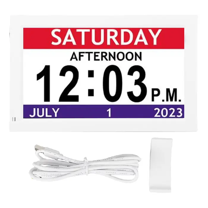 Horloge numérique avec calendrier, affichage du jour et de la date, variation d'intensité lumineuse 