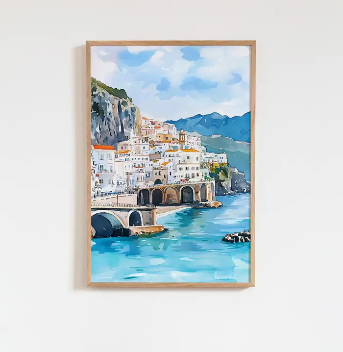 Aquarelle Amalfi Coast Italie Art Print, décoration murale de paysage côtier brillant, illustration