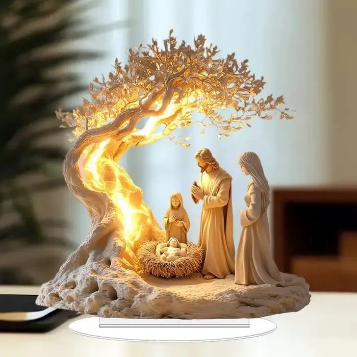 Crèche de table dans un décor de Noël plat en acrylique représente la naissance de Jésus