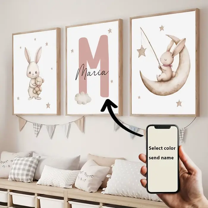 3 œuvres d'art sur mesure pour chambre d'enfant sur le thème du lapin, peinture décorative de lapin 