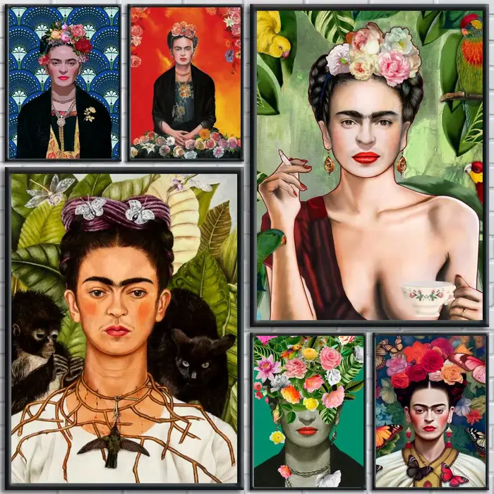 Affiche murale moderne sur toile avec calligraphie et peinture de l'artiste F-Frida Kahlo