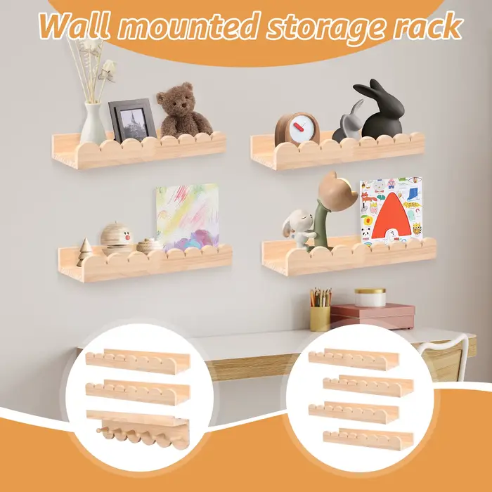 Étagère de rangement murale en bois festonné, 3/4 pièces, forte charge, étagère murale flottante en bois avec crochet, présentoir décoratif