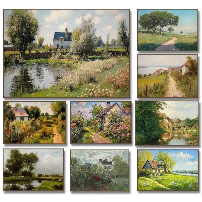 Toile de peinture à l'huile de jardin de roses de rivière de pays d'été