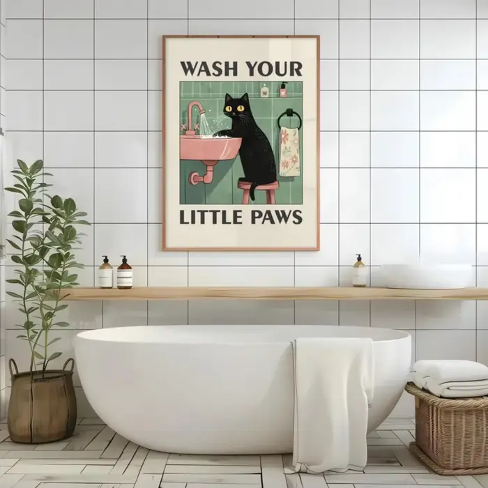 Affiche imprimée sur toile avec Illustration de chat «lavage vos pattes»