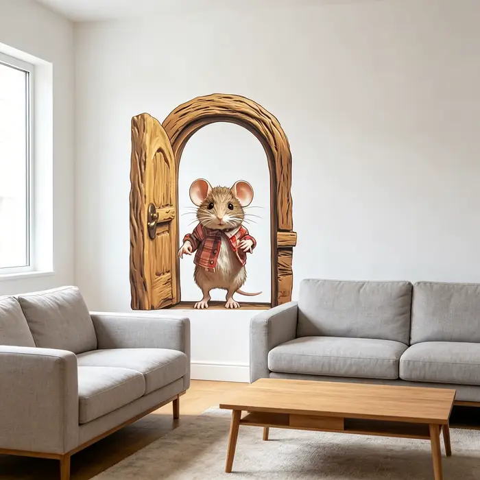 Autocollant Mural Souris Mignonne qui Ouvre la Porte