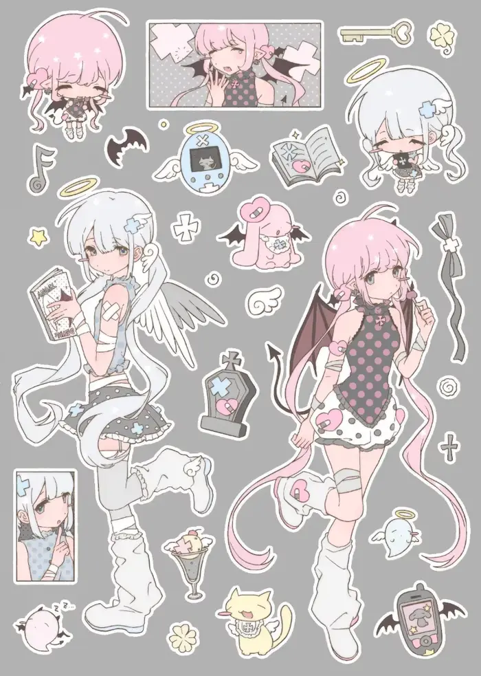 Autocollants mignons de style manga, autocollants thématiques, fille gothique kawaii avec mini icône