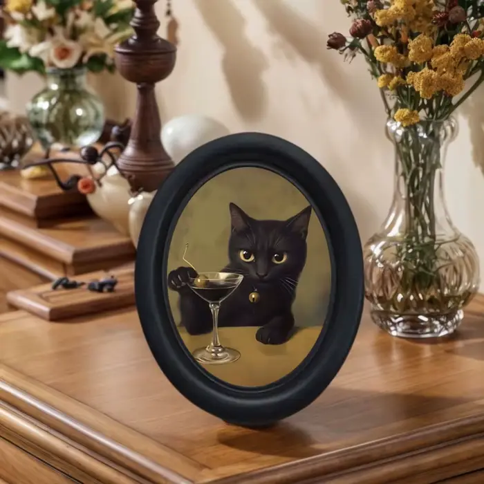 1 décoration murale vintage représentant un chat noir buvant un cocktail martini