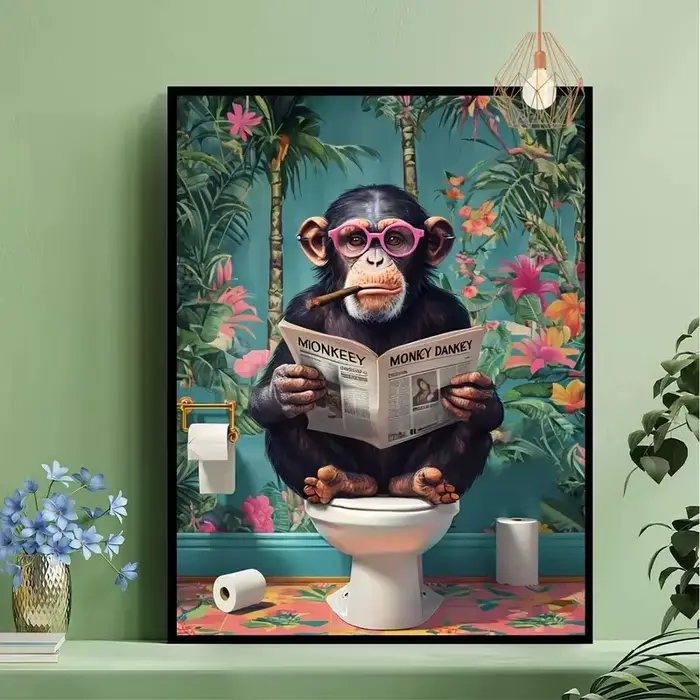 Toile murale amusante de lecture de journaux de gorille sur les toilettes
