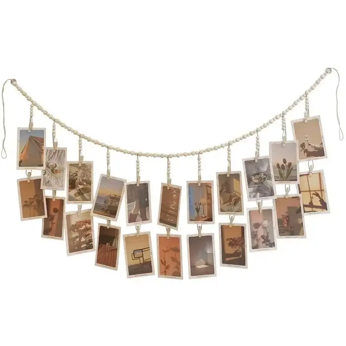 Chaîne murale porte-photos en bois avec clips à pompons et perles pour décoration