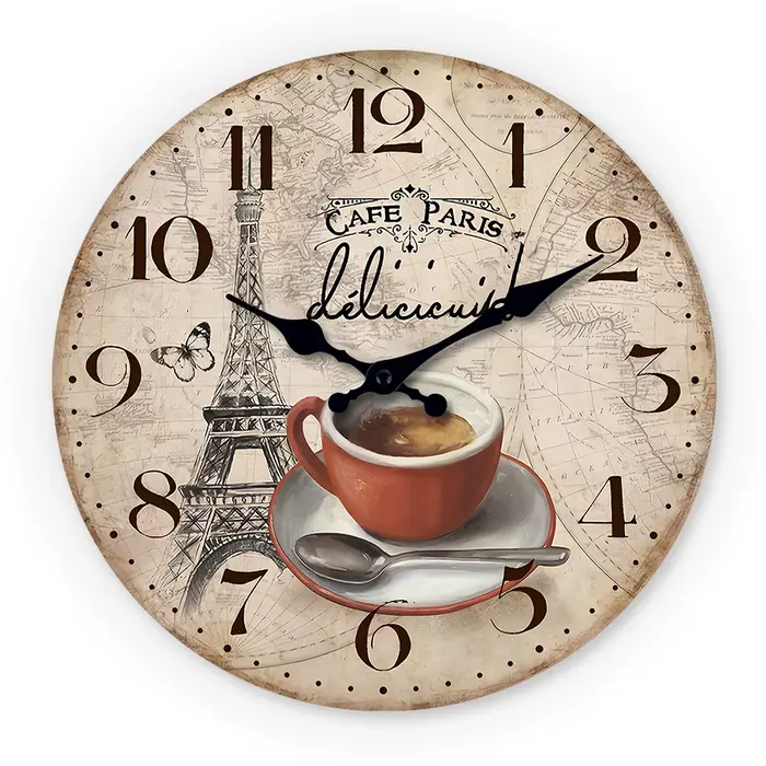 Français rétro Paris Tour Eiffel Tasse à café Horloge murale en bois Salon Chambre Cuisine Décoratio