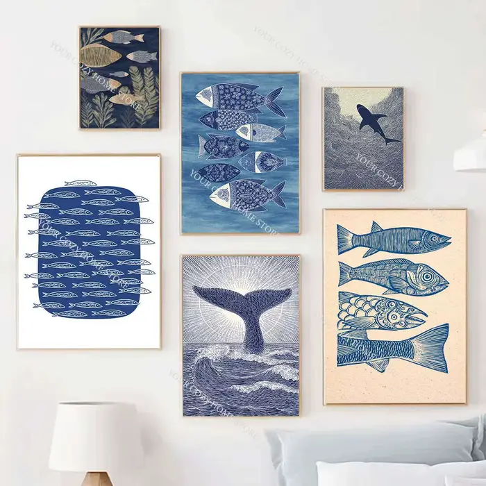 Affiche d'art minimaliste nautique avec poissons et vagues