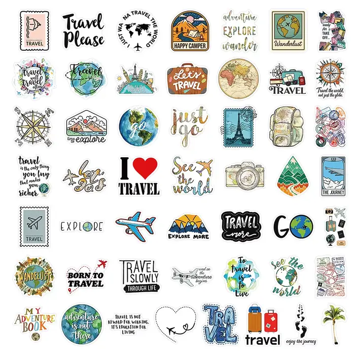 50 autocollants étanches sur le thème des voyages mondiaux, cartes du monde et paysages, pour la déc