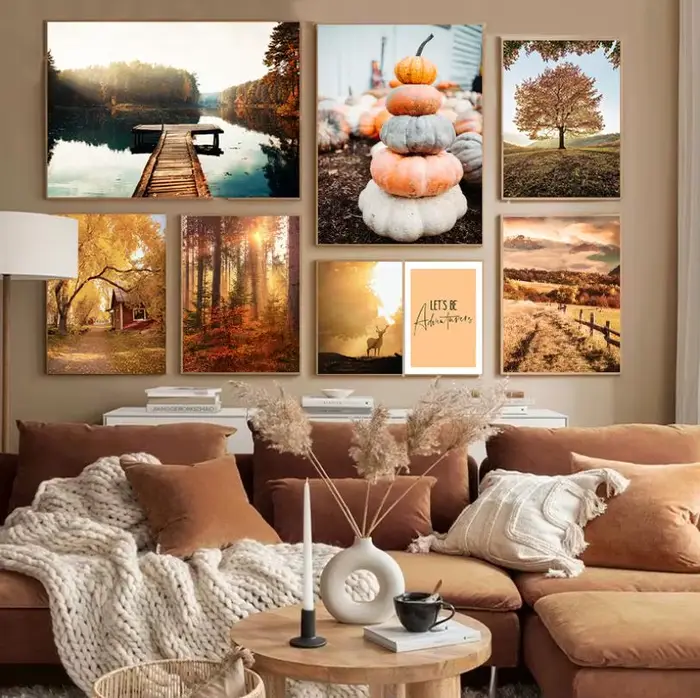 Toile imprimée et affiches de paysage de pays d'automne, arbre de lac, cerf, forêt, peinture de roseau de citrouille, décor d'image de salon