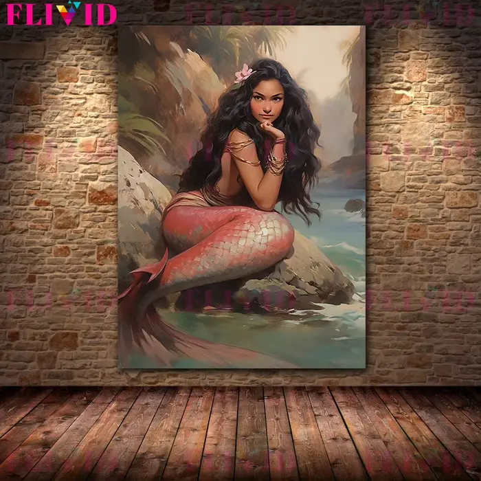 Sirène sur le récif vintage peinture à l'huile sur toile
