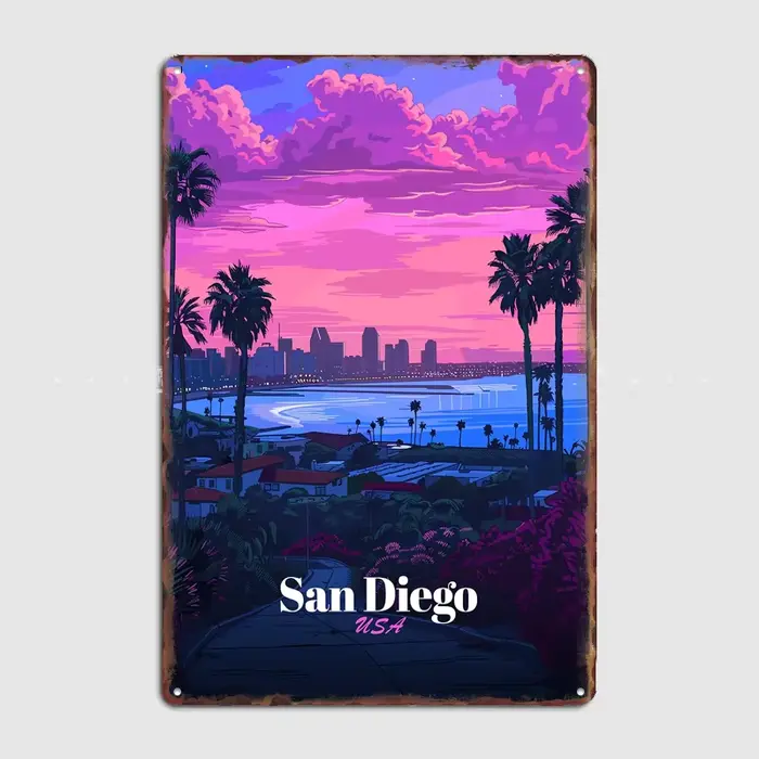 San Diego USA - Affiche rétro en métal sur le thème du paysage urbain et des sites touristiques, Déc