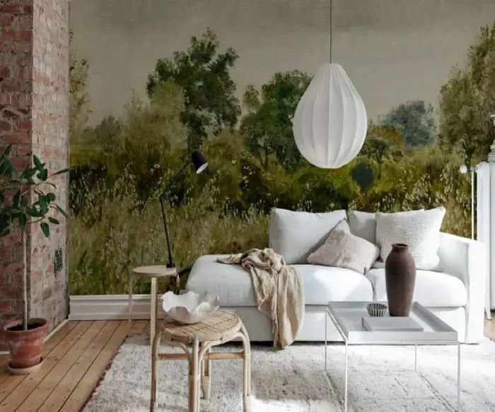 Papier peint personnalisé, peinture à l'huile, art forestier, murale de jungle, décoration intérieure, brouillard forestier, matin de l'aube, décoration murale forestière