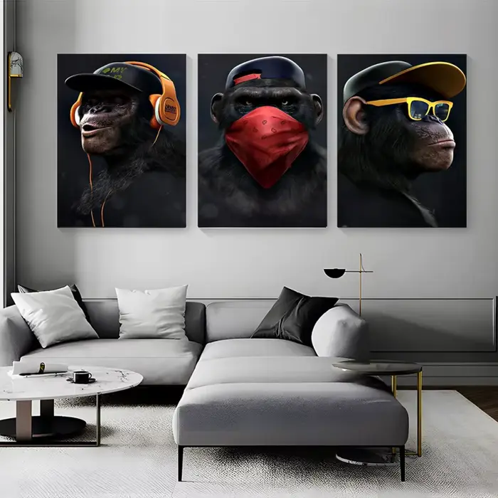 Trois Noir Orang-outan POP Mur Art Toile Affiche Singe Maison Décoration Peinture À L'huile Murale Photo Imprimé Oeuvre