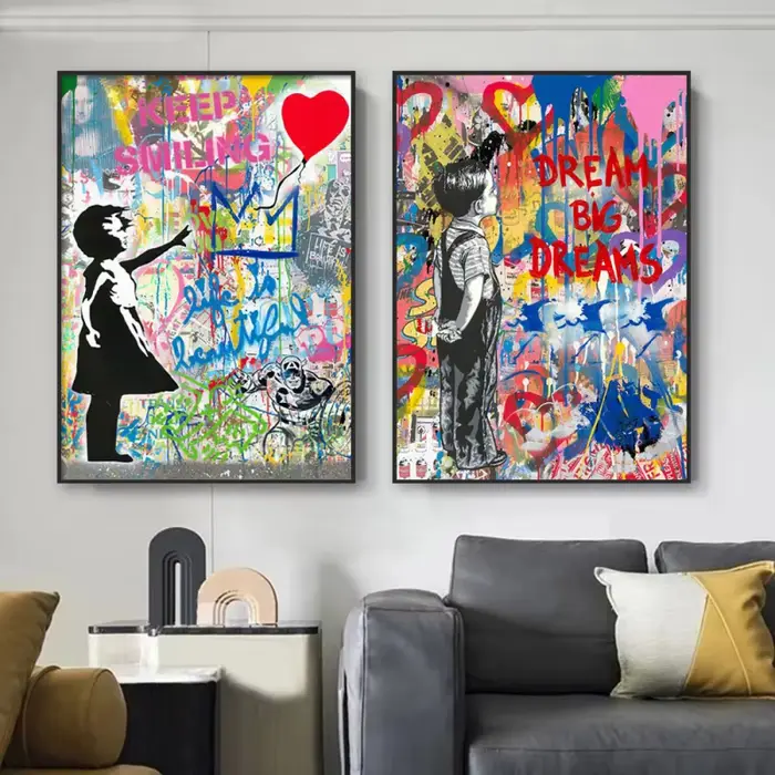 Pop Rue Graffiti Mur Art Banksy Garçon Fille Dans L'amour HD Huile Sur Toile Affiches Et Impressions Pour Salon Chambre Décor