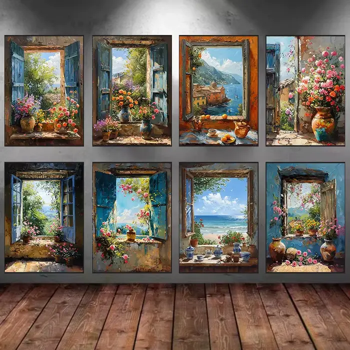 Toile de peinture de paysage de fenêtre de ville