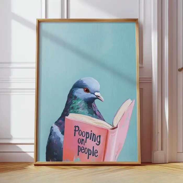 Affiche d'art de livre « Pigeon Reading 'Pooping on People' », impression amusante de pigeon, art d'