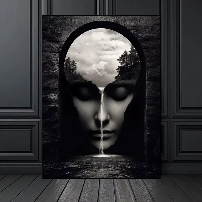 Affiche murale abstraite de paysage de visage de montagne de femme de nature humaine