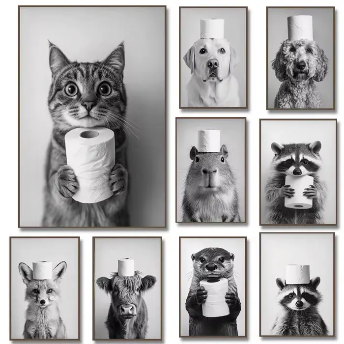 Highland vache loutre chat raton laveur avec papier toilette affiche impression toile peinture salle de bain mur Art