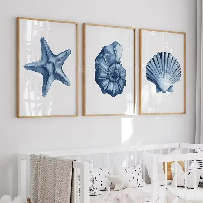 Aquarelle corail algues étoile de mer coquille conque bleu marine affiches imprime mur Art toile peinture photos pour salon décor