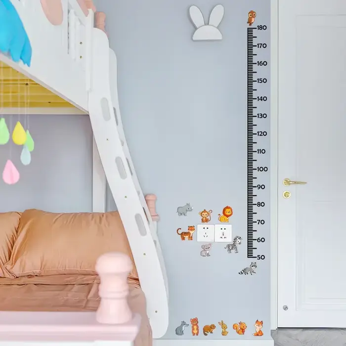 Tableau de croissance des animaux pour enfants, autocollants muraux, Lion mignon, lapin, forêt, mesure de la hauteur, règle pour enfants, décoration de chambre d'enfant