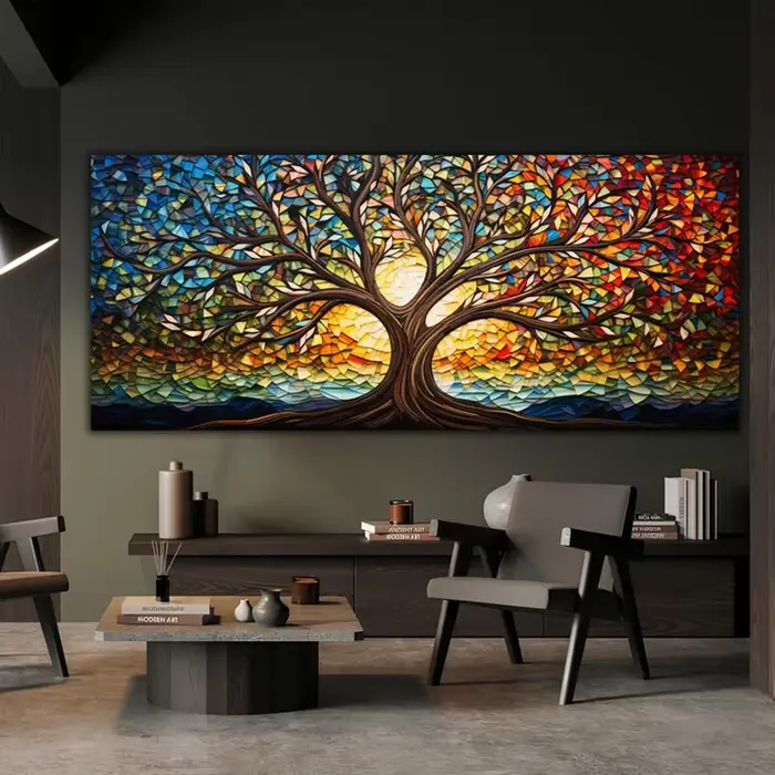 Peinture sur toile en verre mosaïque colorée, toile d'art d'arbre de vie imprimée, cadeau de mythologie, pour salon, bureau, décoration de la maison
