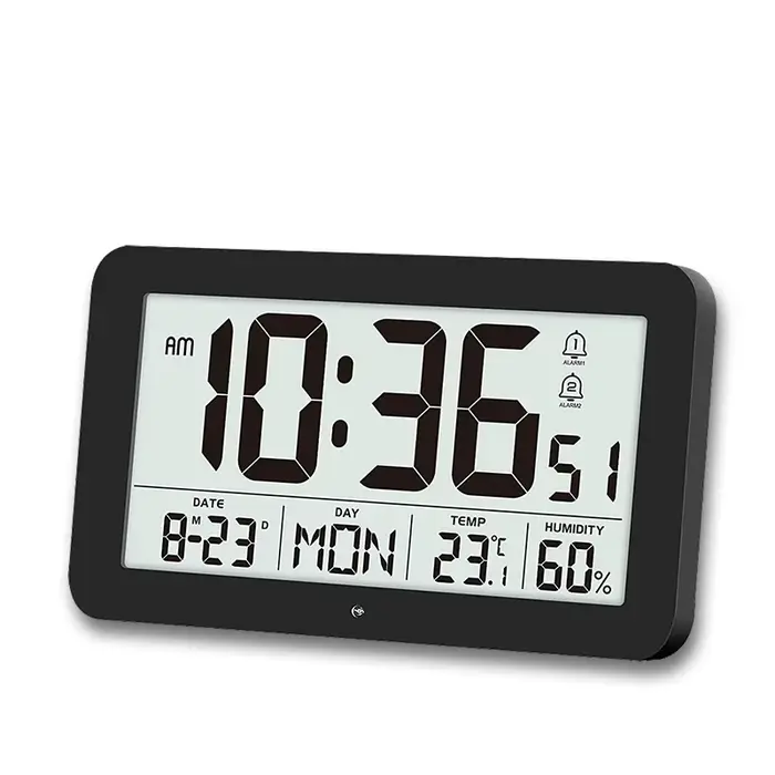 Grande horloge murale numérique avec calendrier de température et d'humidité, réveil LCD de bureau d