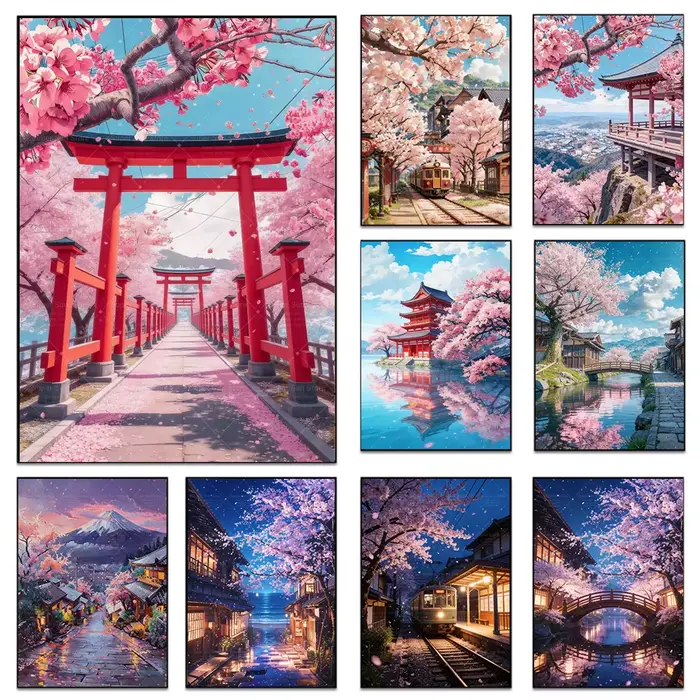 Affiche imprimée du village de cerisiers japonais