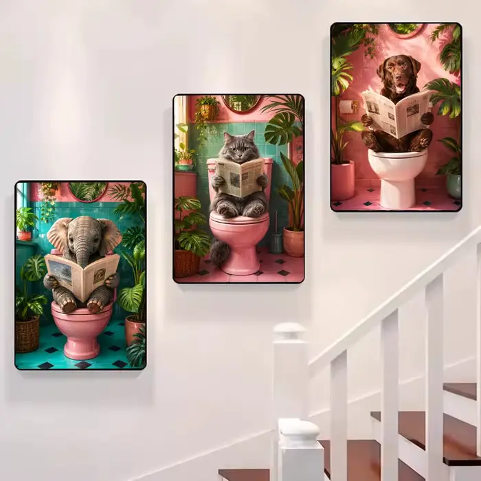 Tableau mural sur toile avec chat de salle de bain lisant sur les toilettes, calligraphie, pour décoration intérieure de chambre et maison