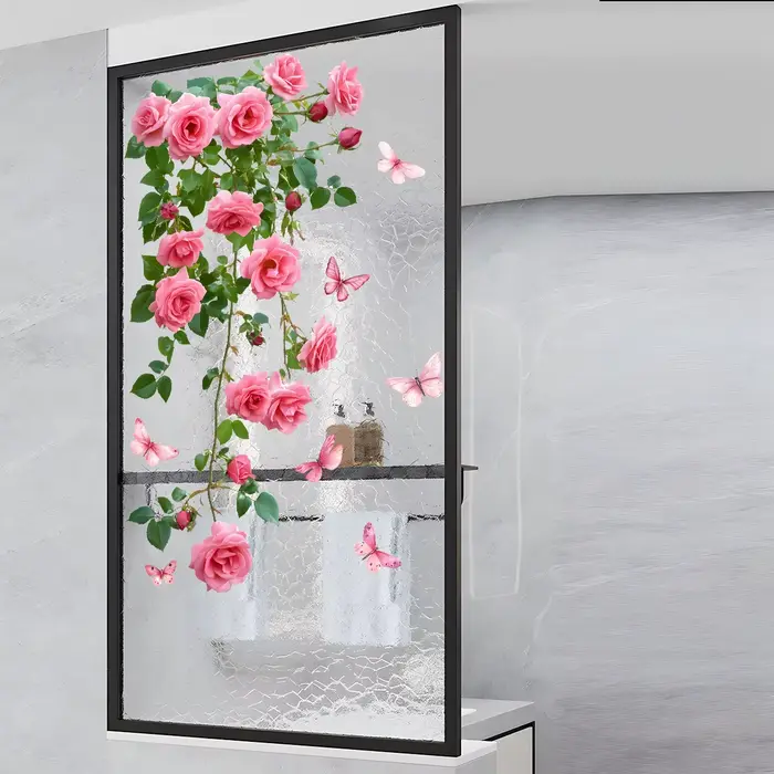 Autocollant de fenêtre de vigne de fleur 1 pièce, design de rose rose et de papillon, autocollant mu