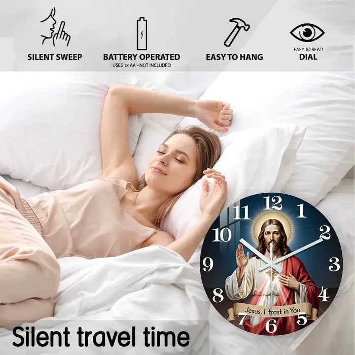 Horloge murale en bois bleu profond avec motif du Sacré-Cœur de Jésus