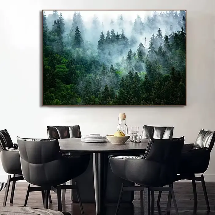 Affiche d'art de paysage de montagne d'arbres fantastiques brumeux de forêt verte moderne, peinture sur toile, imprimés muraux, image pour décoration de chambre et de maison