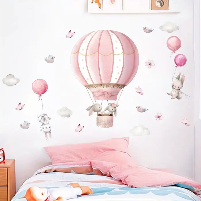 Autocollants muraux de nuages de ballon rose de lapin mignon de dessin animé, 2 pièces, décor de cha