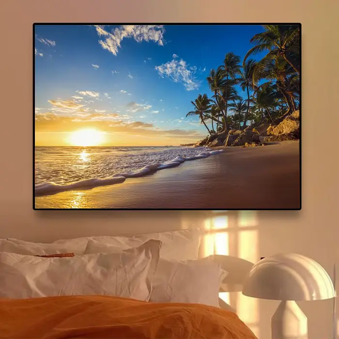 Toile de peinture avec nuages de coucher de soleil de plage, arbre de noix de Coco, affiches et imprimés, Image de paysage marin de lever du soleil, décoration de maison, salon, chambre à coucher