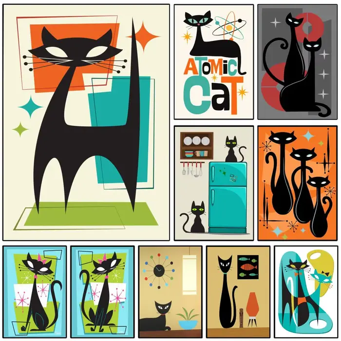 Affiche esthétique de calligraphie avec peinture de chat noir du milieu du siècle